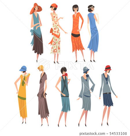 Elegant Woman in Retro Dresses Set, Beautiful Girls of 1920s, Art Deco Style Vector Illustration Elegant Woman in Retro Dresses Set, Beautiful Girls of 1920s, Art Deco Style Vector Illustration 54533108