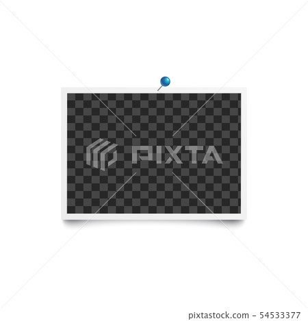 Album blank photo horizontal frame pinned to white wall with blue pin mockup . 54533377