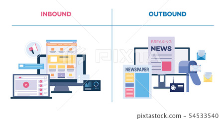 Inbound and outbound or on and offline marketing flat vector illustration isolated. 54533540