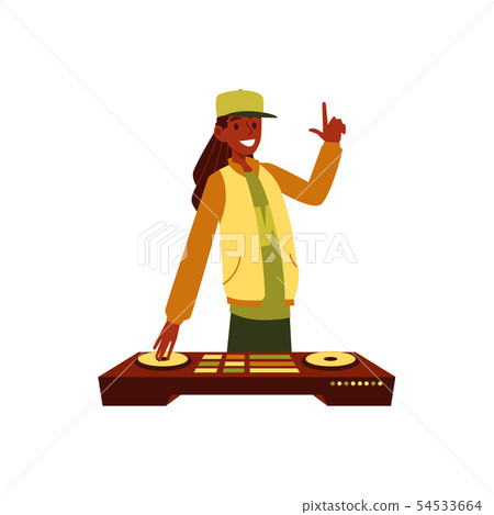 African man stands at DJ console with forefinger up gesture cartoon style 54533664