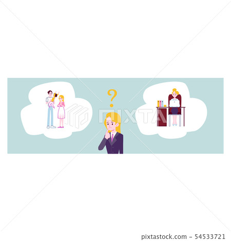 Woman choosing between family responsibilities and career flat vector isolated. Woman choosing between family responsibilities and career flat vector isolated. 54533721