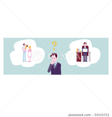 Man choosing between family responsibilities and career flat vector isolated. Man choosing between family responsibilities and career flat vector isolated. 54533722