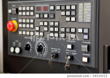 CNC control panel of lathe machine close up CNC control panel of lathe machine close up 54534315