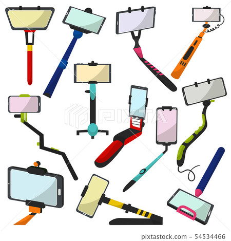 Selfie stick vector monopod with smartphone making photography self-portrait illustration set of Selfie stick vector monopod with smartphone making photography self-portrait illustration set of 54534466