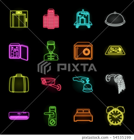 Hotel and equipment neon icons in set collection for design. Hotel and comfort vector symbol stock 54535199