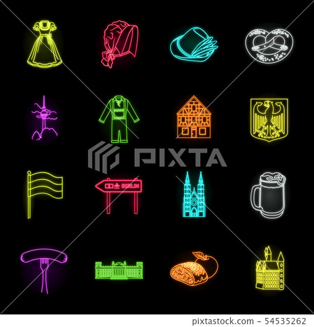 Country Germany neon icons in set collection for design. Germany and landmark vector symbol stock Country Germany neon icons in set collection for design. Germany and landmark vector symbol stock 54535262