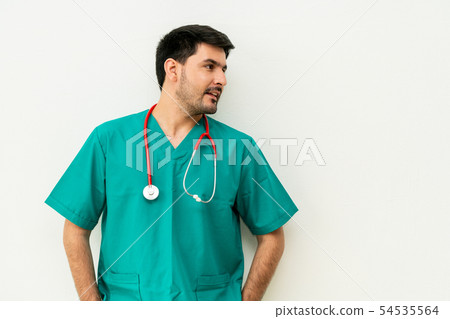 Male medical staff green uniform with stethoscope. 54535564