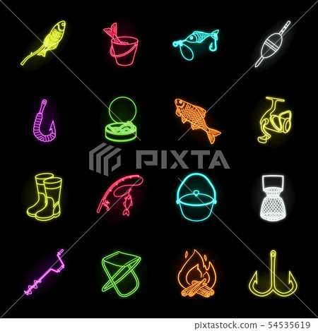 Fishing and rest neon icons in set collection for design. Tackle for fishing vector symbol stock web Fishing and rest neon icons in set collection for design. Tackle for fishing vector symbol stock web 54535619