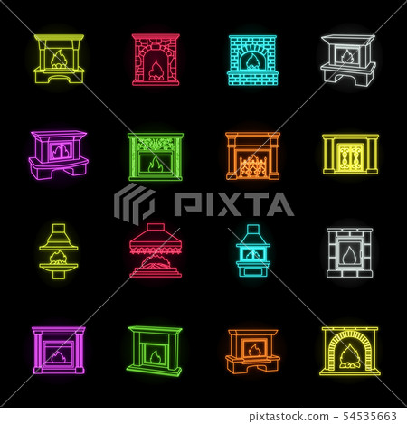 Different kinds of fireplaces neon icons in set collection for design.Fireplaces construction vector Different kinds of fireplaces neon icons in set collection for design.Fireplaces construction vector 54535663