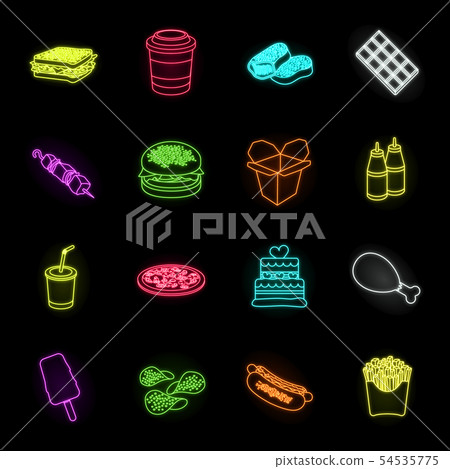 Fast food neon icons in set collection for design.Food from semi-finished products vector symbol 54535775