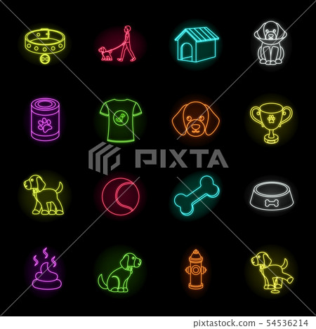 Pet dog neon icons in set collection for design. Caring for the puppy vector symbol stock web 54536214