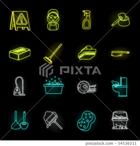 Cleaning and maid neon icons in set collection for design. Equipment for cleaning vector symbol Cleaning and maid neon icons in set collection for design. Equipment for cleaning vector symbol 54536311
