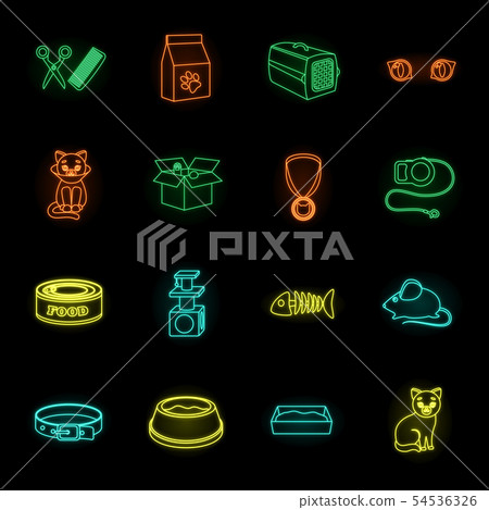 An animal cat neon icons in set collection for design. Caring for a cat vector symbol stock web 54536326