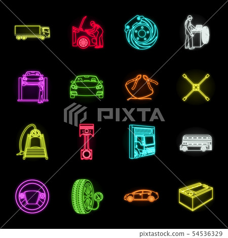 Car, lift, pump and other equipment neon icons in set collection for design. Car maintenance station Car, lift, pump and other equipment neon icons in set collection for design. Car maintenance station 54536329