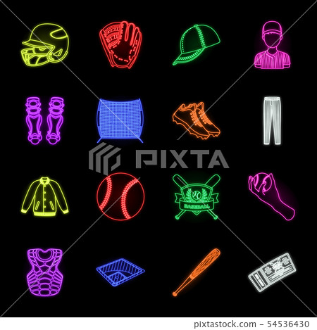 Baseball and attributes neon icons in set collection for design.Baseball player and equipment vector Baseball and attributes neon icons in set collection for design.Baseball player and equipment vector 54536430
