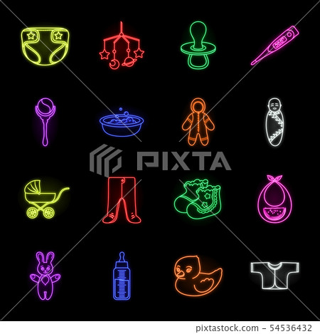Birth of a baby neon icons in set collection for design. Newborn and accessories vector symbol stock 54536432