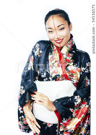 young pretty real geisha in kimono with sakura and decoration on white background isolated 54538575