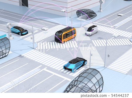 An image of communicating and exchanging information between autonomous vehicles passing to an intersection. Connected car concept An image of communicating and exchanging information between autonomous vehicles passing to an intersection. Connected car concept 54544237