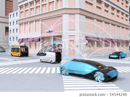 在通往交叉路口的自動駕駛車輛之間進行通信和交換信息的圖像。連接的汽車概念 在通往交叉路口的自動駕駛車輛之間進行通信和交換信息的圖像。連接的汽車概念 54544240