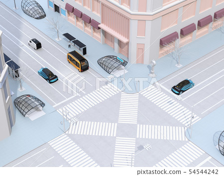 通過一個現代城市交叉點的自駕車和地鐵入口的圖像 54544242