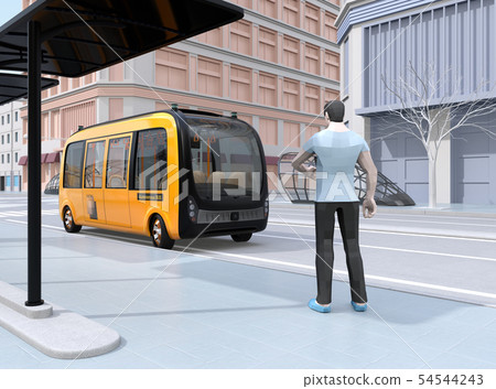 一輛自動公共汽車的圖像，用於在智能手機上獲取乘車共享請求 54544243