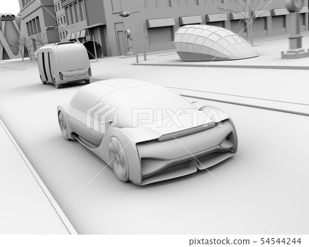 黏土一輛自動駕駛的轎車和微型汽車的翻譯圖像，當旅行在一般路時 54544244