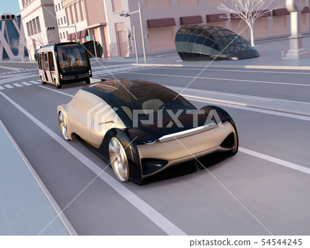 Image of self-driving sedan and micro bus while traveling on a general road 54544245