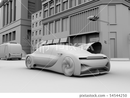 黏土一輛自動駕駛的轎車和微型汽車的翻譯圖像，當旅行在一般路時 54544250