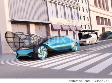 Image of a self-driving sedan and a home delivery car while traveling on a general road. Ride share concept 54544258