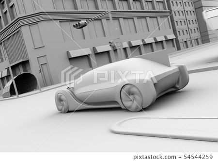 Clay rendering image of an autonomous driving sedan passing an intersection 54544259