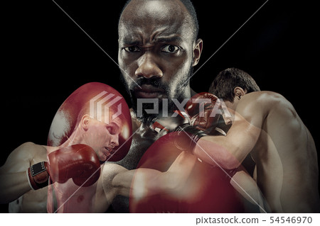 Creative collage of fit male boxers on black studio background Creative collage of fit male boxers on black studio background 54546970