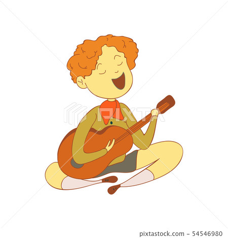 Red-haired boy in a scout clothes sings. Vector illustration on white background. Red-haired boy in a scout clothes sings. Vector illustration on white background. 54546980