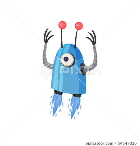 Blue robot flying on two flames. Vector illustration on white background. 54547020