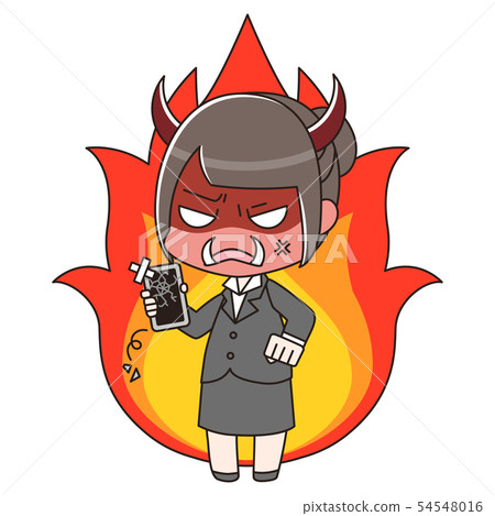 A woman in a suit whose smartphone is broken and has a fiery fire 54548016