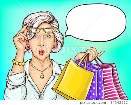 Pop art surprised old woman with shopping bags Pop art surprised old woman with shopping bags 54548312