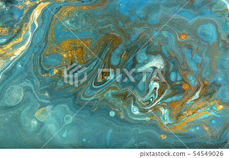 Blue and gold marbling pattern. Golden powder marble liquid texture. 54549026