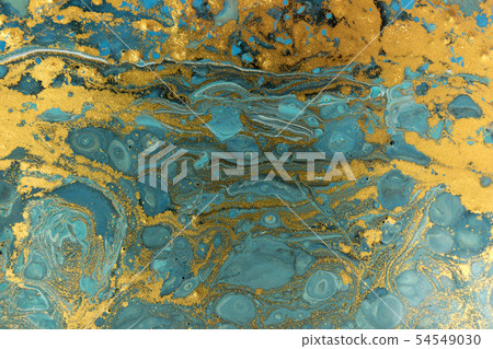 Blue and gold marbling pattern. Golden powder marble liquid texture. 54549030