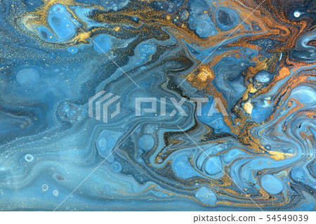 Blue and gold marbling pattern. Golden powder marble liquid texture. 54549039