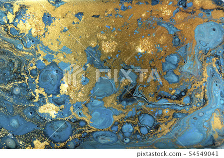 Blue and gold marbling pattern. Golden powder marble liquid texture. 54549041