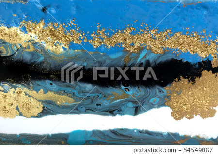 Blue and gold marbling pattern. Golden powder marble liquid texture. Blue and gold marbling pattern. Golden powder marble liquid texture. 54549087