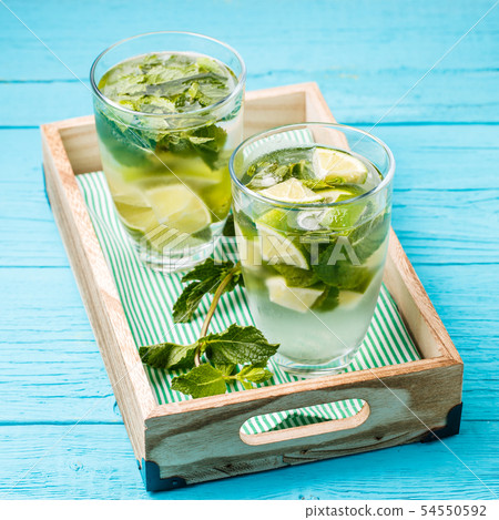 Two glasses of mojito in wooden box with mint Two glasses of mojito in wooden box with mint 54550592