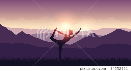 girl makes yoga with mountain view purple landscape and sunshine 54552331