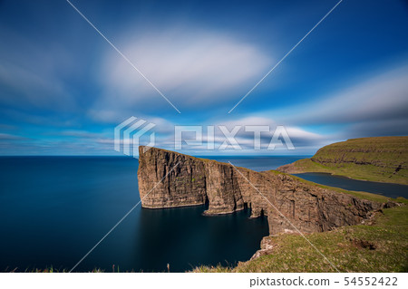 Sorvagsvatn lake on cliffs of Vagar island long exposure, Faroe Islands 54552422