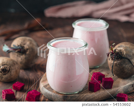 Yogurt with beetroot, copy space, vertical 54553602