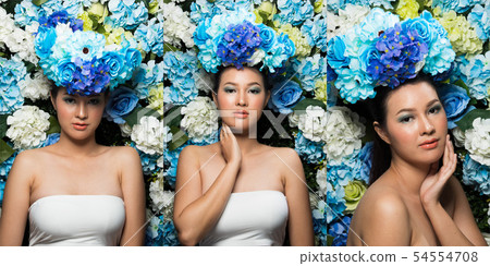 Wreath of flowers background in blue Woman Asian Wreath of flowers background in blue Woman Asian 54554708