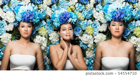 Wreath of flowers background in blue Woman Asian Wreath of flowers background in blue Woman Asian 54554710