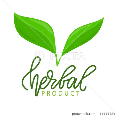 Herbal Product Isolated Lettering and Green Leaves - Stock Illustration ...