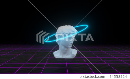 Abstract David's bust with neon gloving light on grid background. Banner design. Retrowave 54558324