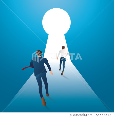 businessman walking into keyhole with bright light businessman walking into keyhole with bright light 54558372