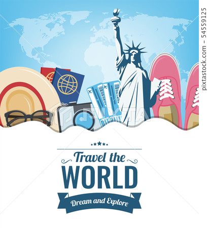 Travel composition with travel equipment. Travel and Tourism concept. Vector 54559125